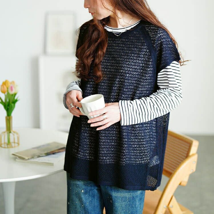 大きいサイズ レディース レース編みベスト＆コットンボーダーロンT2点セット　cpdai-640869 【メール便可】