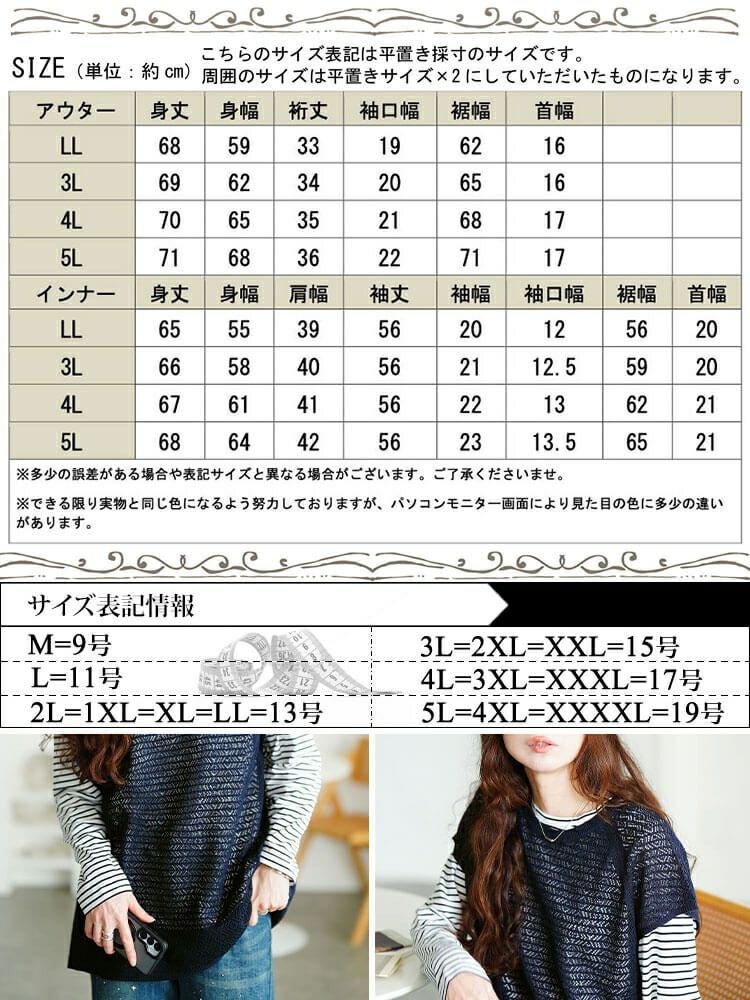 大きいサイズ レディース レース編みベスト＆コットンボーダーロンT2点セット　cpdai-640869 【メール便可】