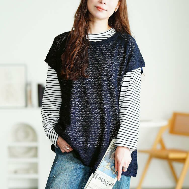 大きいサイズ レディース レース編みベスト＆コットンボーダーロンT2点セット　cpdai-640869 【メール便可】 ネイビー