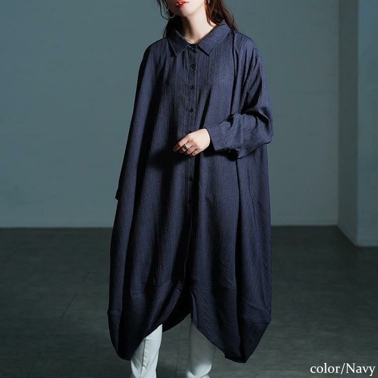 大きいサイズ レディース サイドコクーン変形シャツチュニック　nw-25047 ネイビー