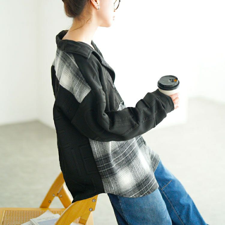 大きいサイズ レディース チェック柄切り替えビックシャツ　goldy-1752