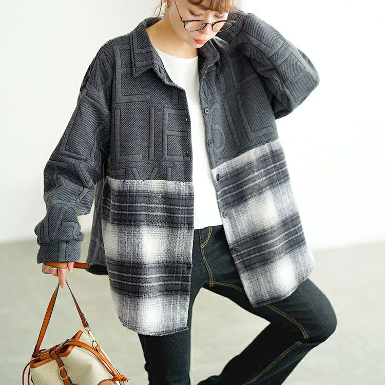 大きいサイズ レディース チェック柄切り替えビックシャツ　goldy-1752