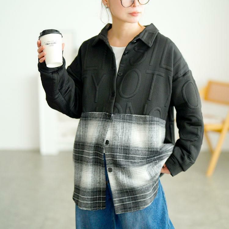 大きいサイズ レディース チェック柄切り替えビックシャツ　goldy-1752 ブラック