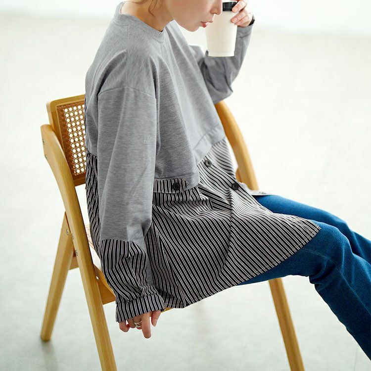 大きいサイズ レディース レイヤード風ストライプシャツ　goldy-1747【メール便可】