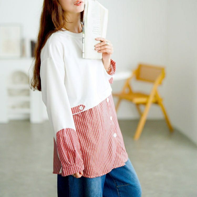 大きいサイズ レディース レイヤード風ストライプシャツ　goldy-1747【メール便可】