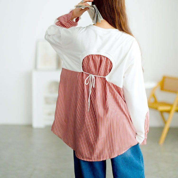 大きいサイズ レディース レイヤード風ストライプシャツ　goldy-1747【メール便可】