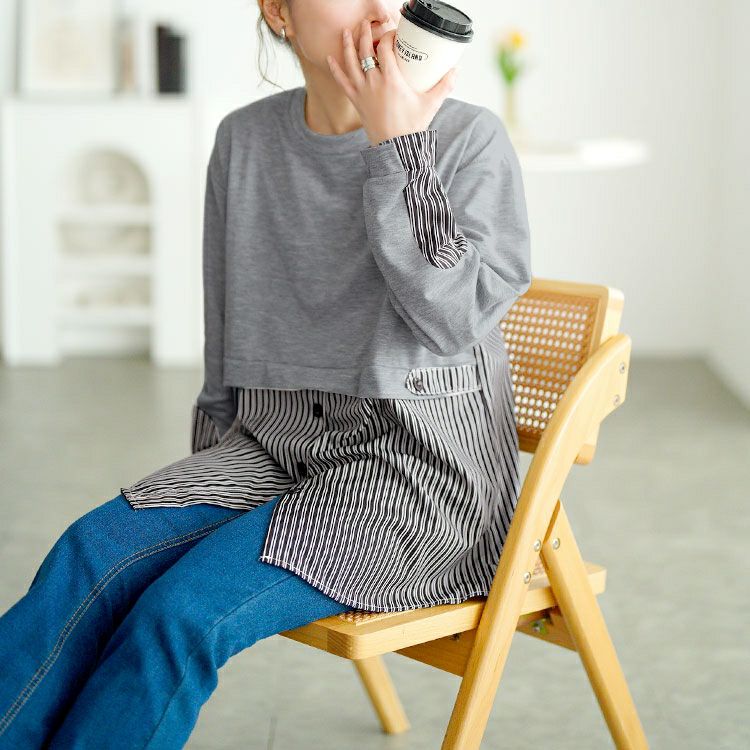 大きいサイズ レディース レイヤード風ストライプシャツ　goldy-1747【メール便可】