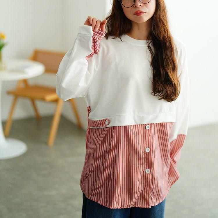 大きいサイズ レディース レイヤード風ストライプシャツ　goldy-1747【メール便可】 ホワイト