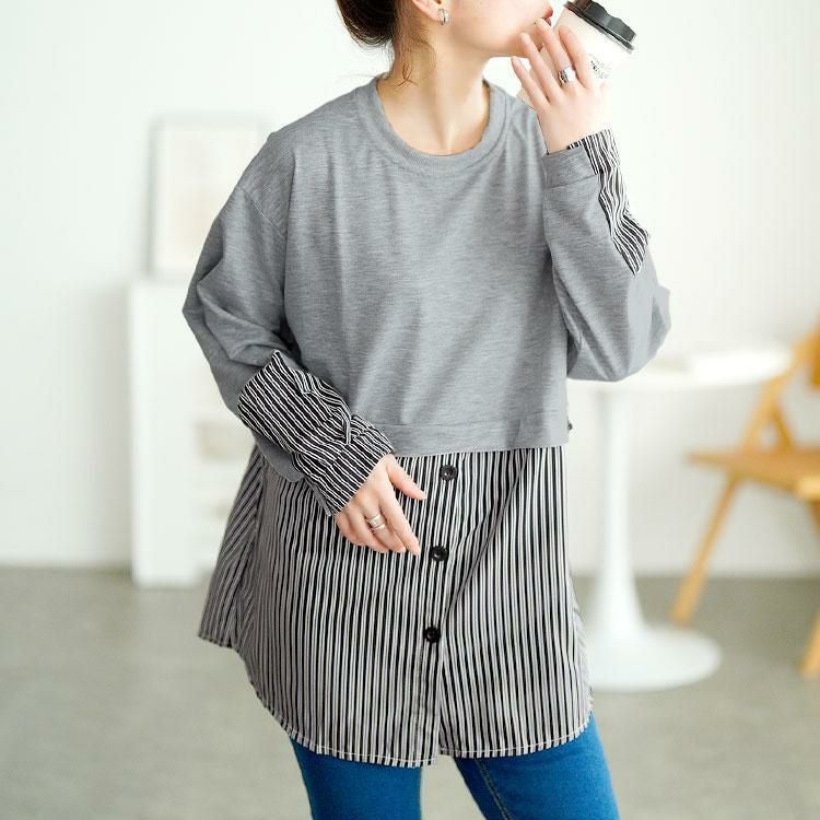 大きいサイズ レディース レイヤード風ストライプシャツ　goldy-1747【メール便可】 グレー