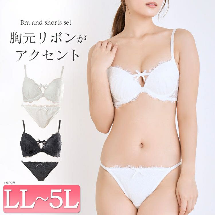 大きいサイズ レディース 谷間リボンノンワイヤーブラ＆ショーツ2点セット　nima-nj2183