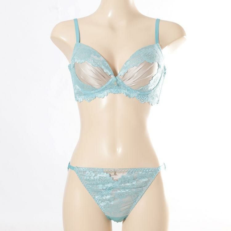 大きいサイズ レディース サテン切り替えノンワイヤーブラ＆ショーツ2点セット　nima-nj2185 エメグリーン