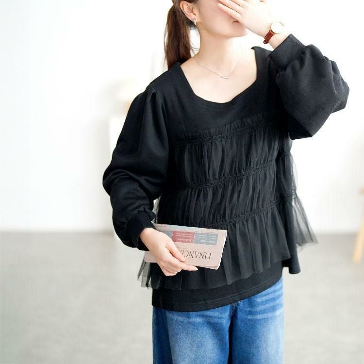 大きいサイズ レディース チュールビスチェドッキングプルオーバー　fem-619 ブラック