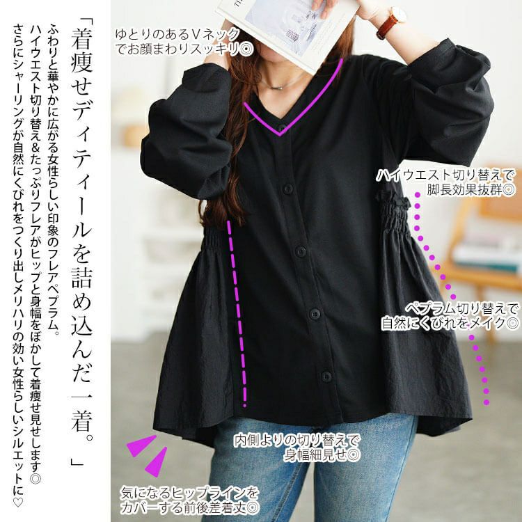 大きいサイズ レディース 異素材切り替えペプラムチュニック　fem-617