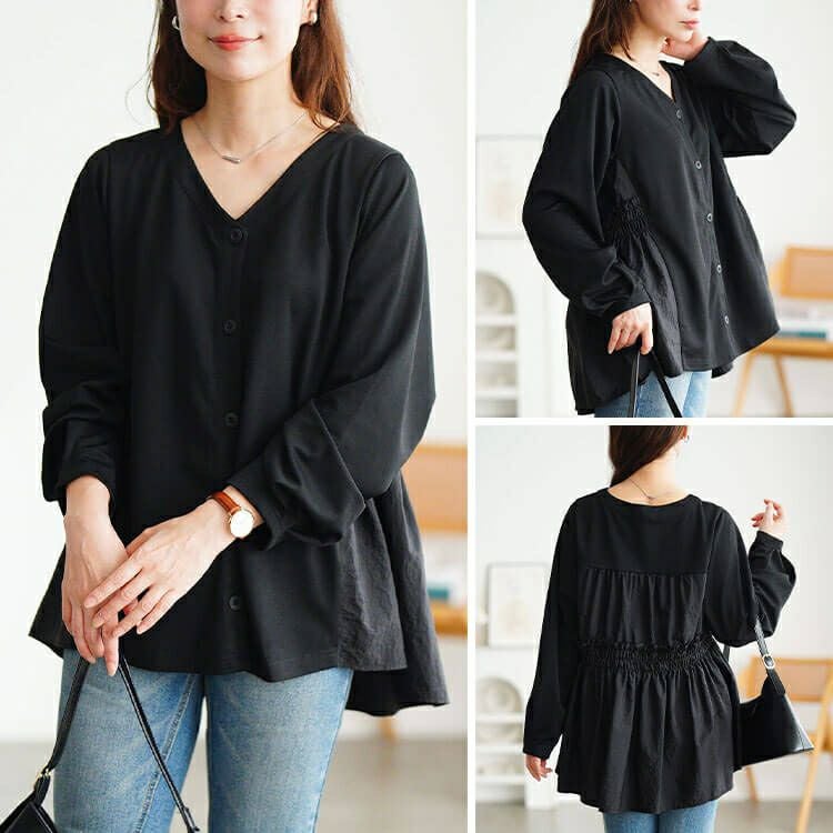 大きいサイズ レディース 異素材切り替えペプラムチュニック　fem-617