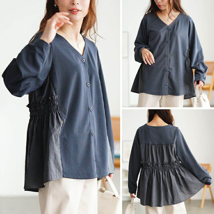 大きいサイズ レディース 異素材切り替えペプラムチュニック　fem-617