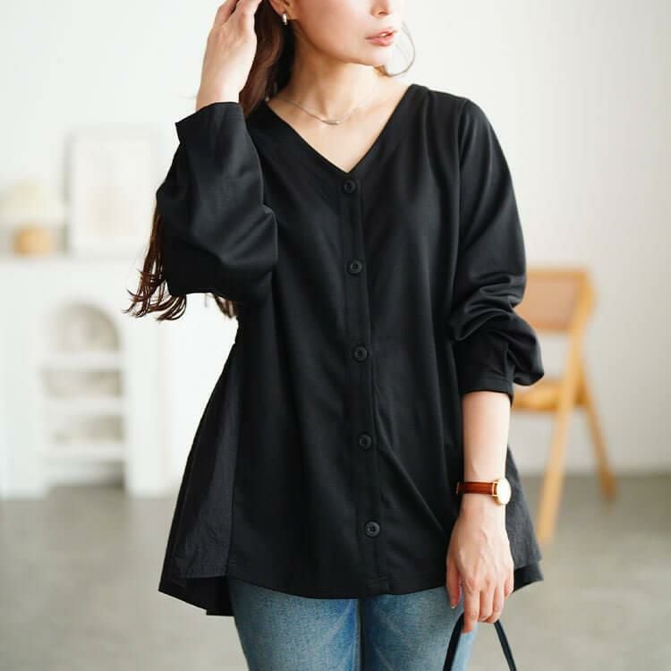 大きいサイズ レディース 異素材切り替えペプラムチュニック　fem-617 ブラック