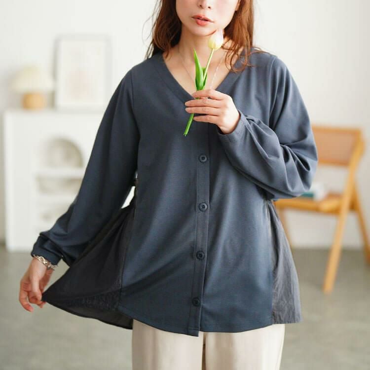 大きいサイズ レディース 異素材切り替えペプラムチュニック　fem-617 グレー