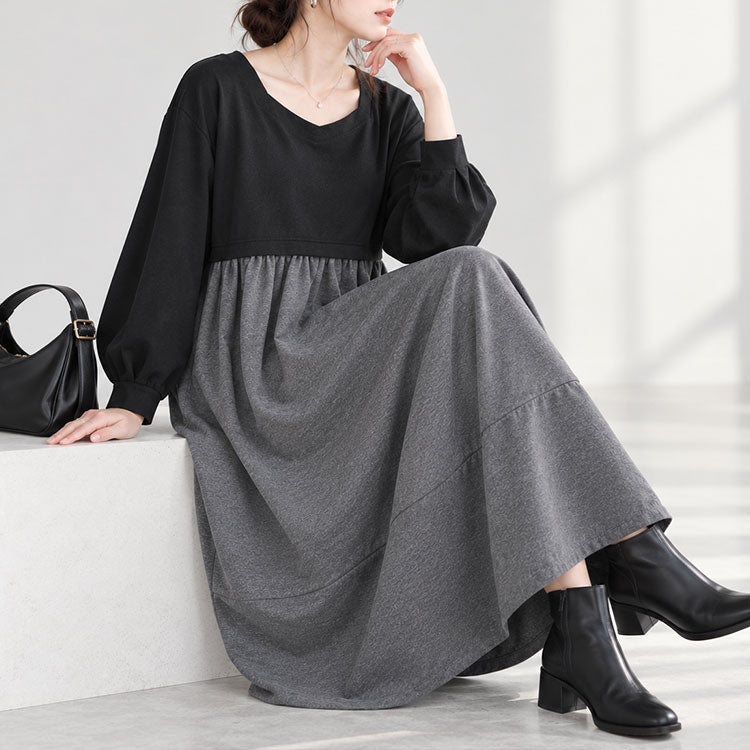 大きいサイズ レディース 袖口タックドッキングバルーンワンピース　fem-616