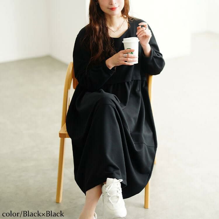 大きいサイズ レディース 袖口タックドッキングバルーンワンピース　fem-616 ブラック×ブラック