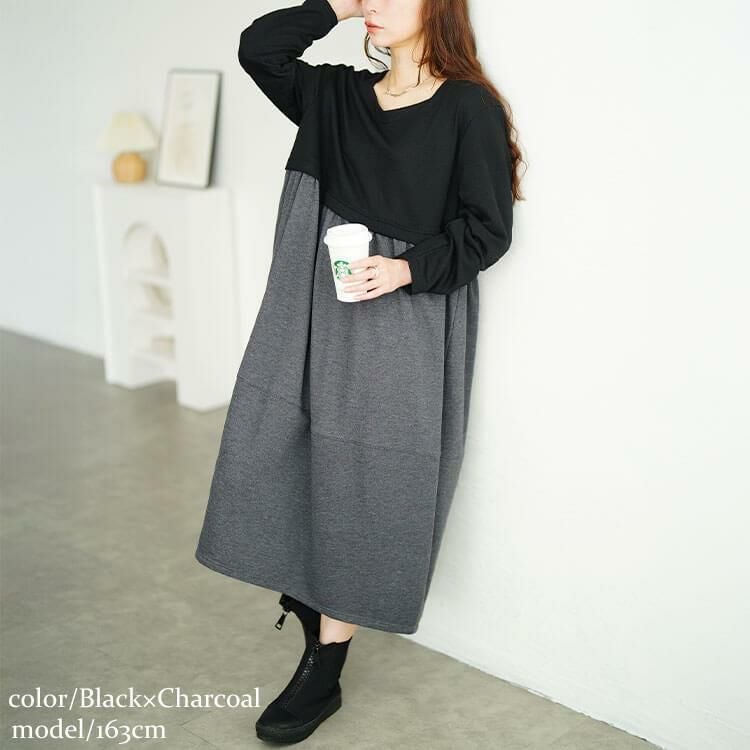 大きいサイズ レディース 袖口タックドッキングバルーンワンピース　fem-616 ブラック×チャコール