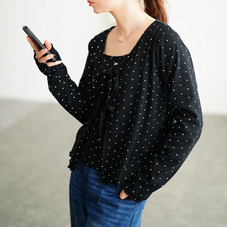 大きいサイズ レディース ドット柄リボンメローカーディガン＆キャミソール2点セット　tana-115kj477