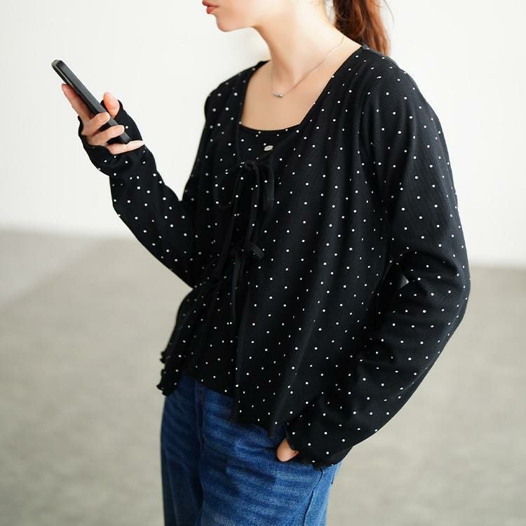 大きいサイズ レディース ドット柄リボンメローカーディガン＆キャミソール2点セット　tana-115kj477 ドット