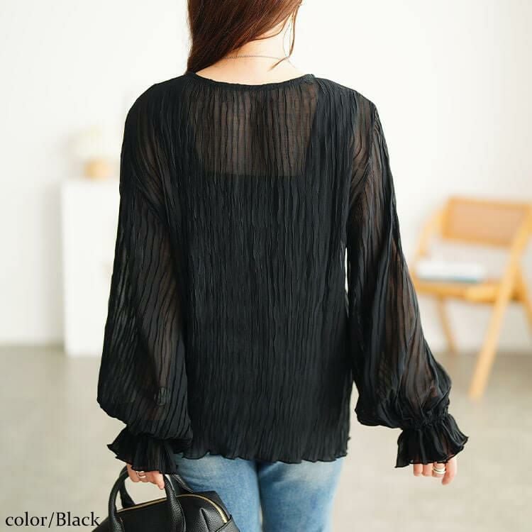 大きいサイズ レディース シアープリーツキャンディスリーブプルオーバー　maru-30193 【メール便可】 ブラック