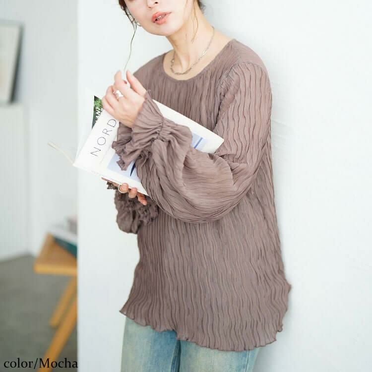 大きいサイズ レディース シアープリーツキャンディスリーブプルオーバー　maru-30193 【メール便可】 モカ