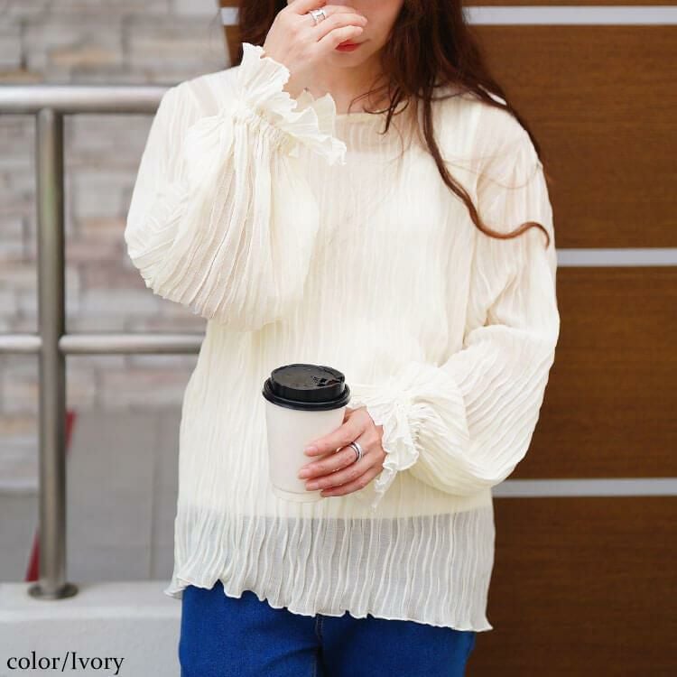 大きいサイズ レディース シアープリーツキャンディスリーブプルオーバー　maru-30193 【メール便可】 アイボリー