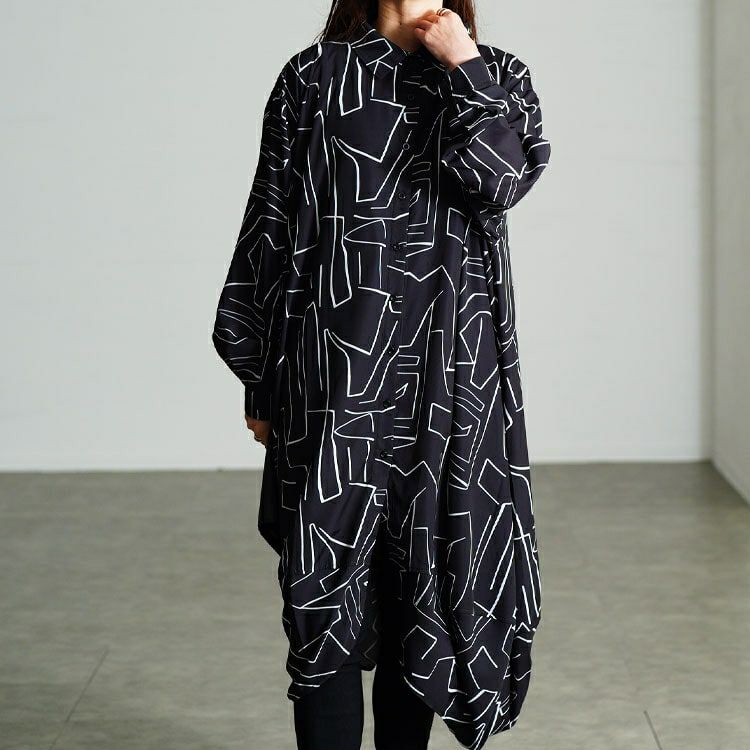 大きいサイズ レディース 幾何学柄サイドコクーン変形シャツチュニック　nw-25048