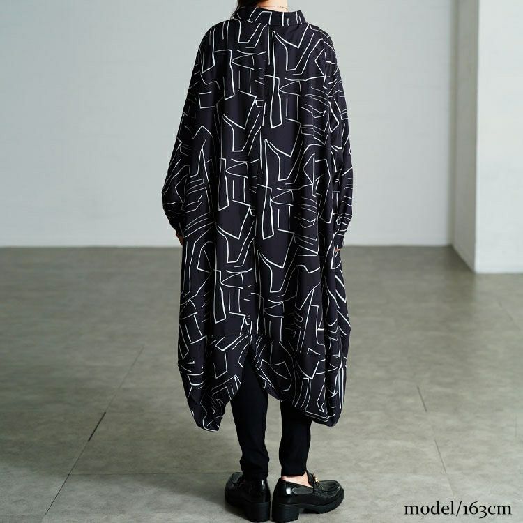 大きいサイズ レディース 幾何学柄サイドコクーン変形シャツチュニック　nw-25048