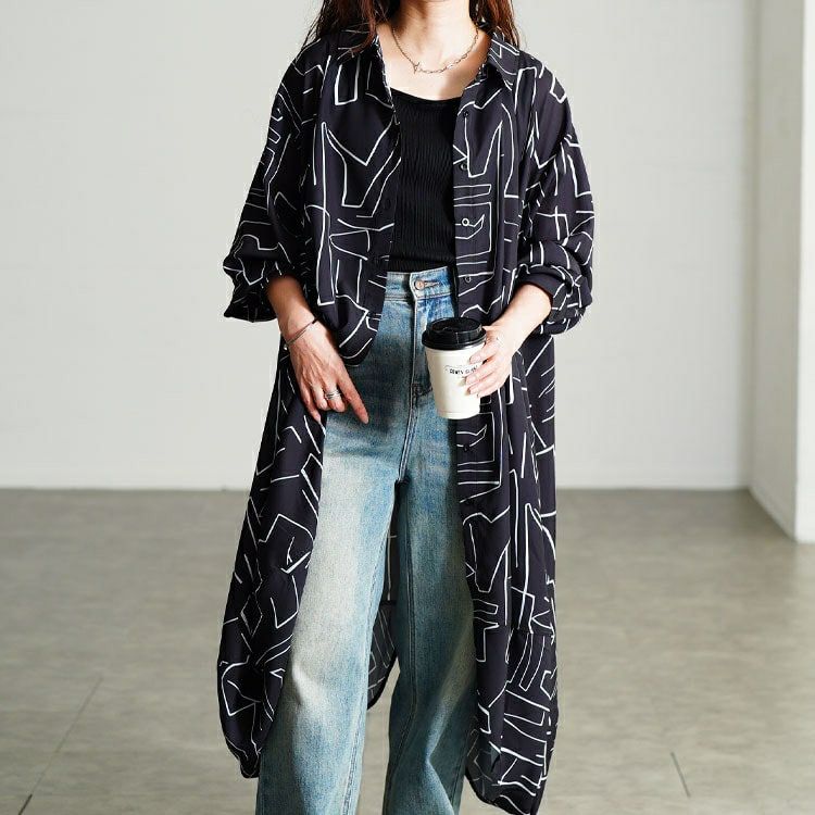 大きいサイズ レディース 幾何学柄サイドコクーン変形シャツチュニック　nw-25048