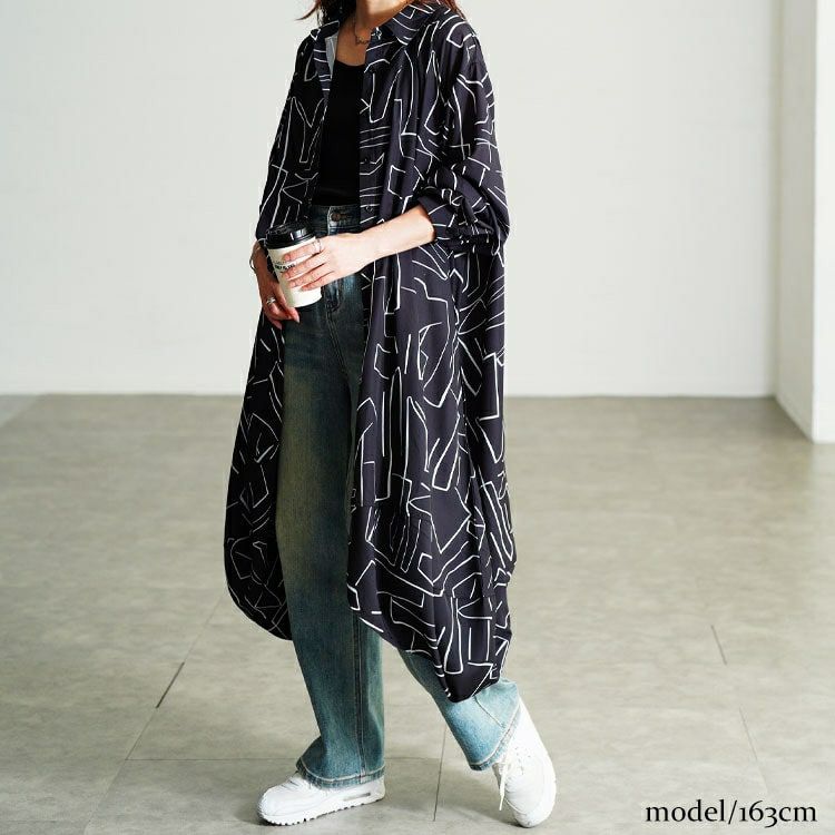 大きいサイズ レディース 幾何学柄サイドコクーン変形シャツチュニック　nw-25048