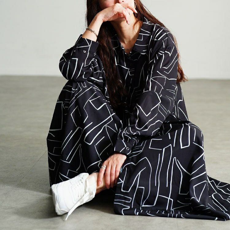 大きいサイズ レディース 幾何学柄サイドコクーン変形シャツチュニック　nw-25048