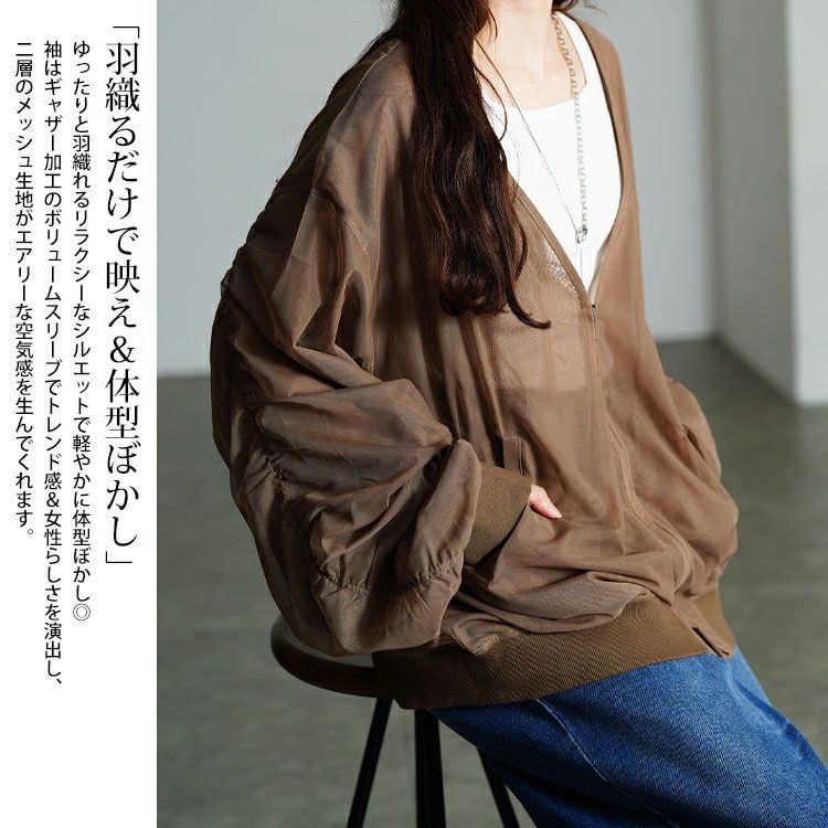 大きいサイズ レディース ギャザースリーブZIPシアーブルゾン　nw-25035
