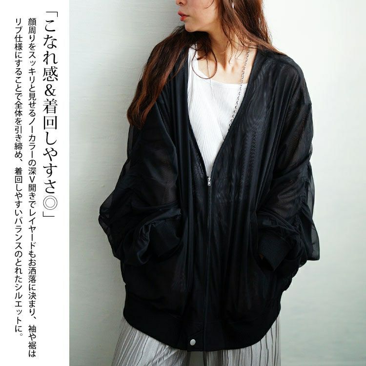 大きいサイズ レディース ギャザースリーブZIPシアーブルゾン　nw-25035