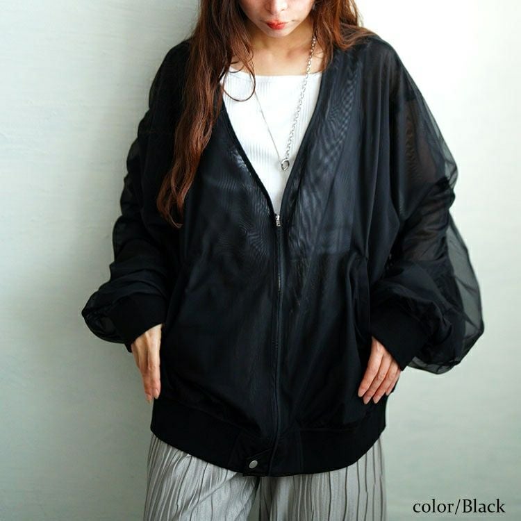大きいサイズ レディース ギャザースリーブZIPシアーブルゾン　nw-25035