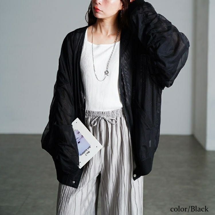 大きいサイズ レディース ギャザースリーブZIPシアーブルゾン　nw-25035