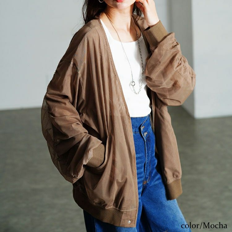 大きいサイズ レディース ギャザースリーブZIPシアーブルゾン　nw-25035