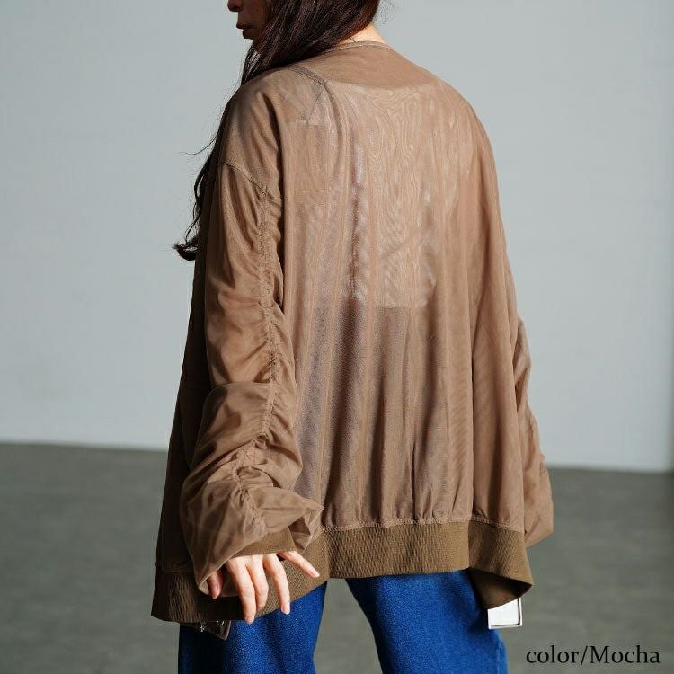 大きいサイズ レディース ギャザースリーブZIPシアーブルゾン　nw-25035