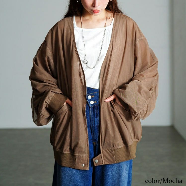 大きいサイズ レディース ギャザースリーブZIPシアーブルゾン　nw-25035