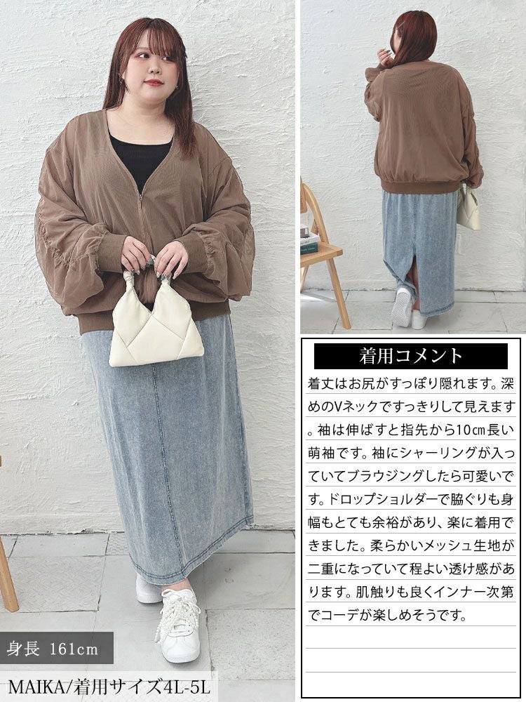 大きいサイズ レディース ギャザースリーブZIPシアーブルゾン　nw-25035