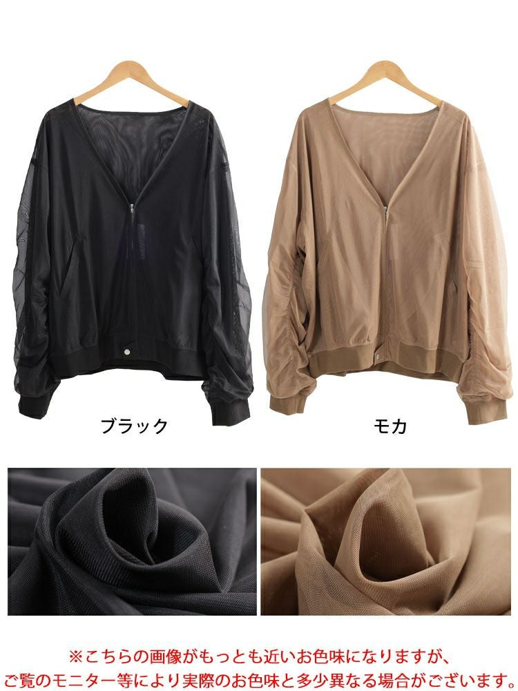 大きいサイズ レディース ギャザースリーブZIPシアーブルゾン　nw-25035