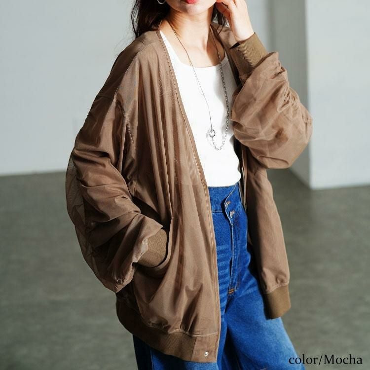 大きいサイズ レディース ギャザースリーブZIPシアーブルゾン　nw-25035 モカ