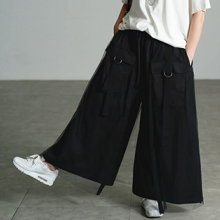 大きいサイズ レディース チュールレイヤードワイドカーゴパンツ　sw-0814