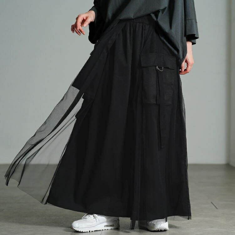 大きいサイズ レディース チュールレイヤードワイドカーゴパンツ　sw-0814