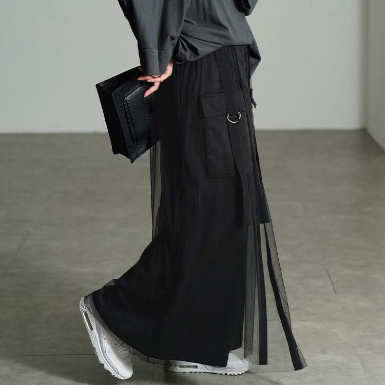 大きいサイズ レディース チュールレイヤードワイドカーゴパンツ　sw-0814 ブラック