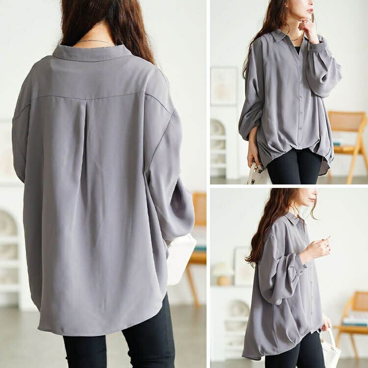 大きいサイズ レディース 裾タックボリューム袖スキッパーシャツ　sw-0812 【メール便可】