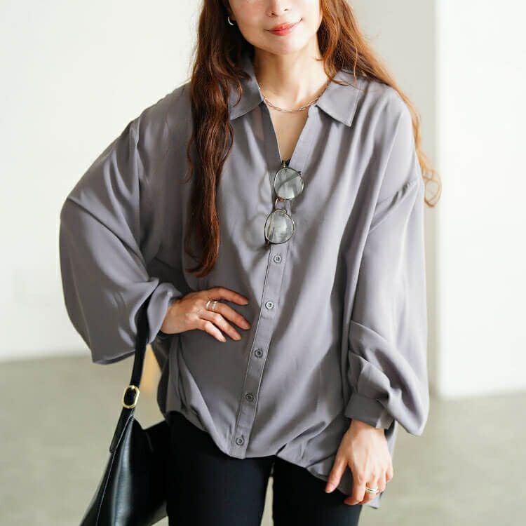 大きいサイズ レディース 裾タックボリューム袖スキッパーシャツ　sw-0812 【メール便可】