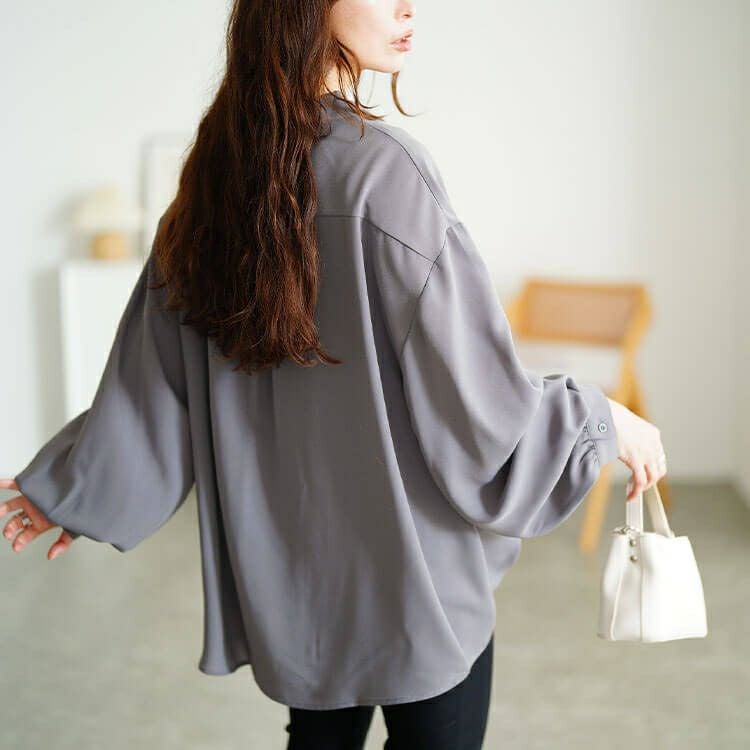 大きいサイズ レディース 裾タックボリューム袖スキッパーシャツ　sw-0812 【メール便可】